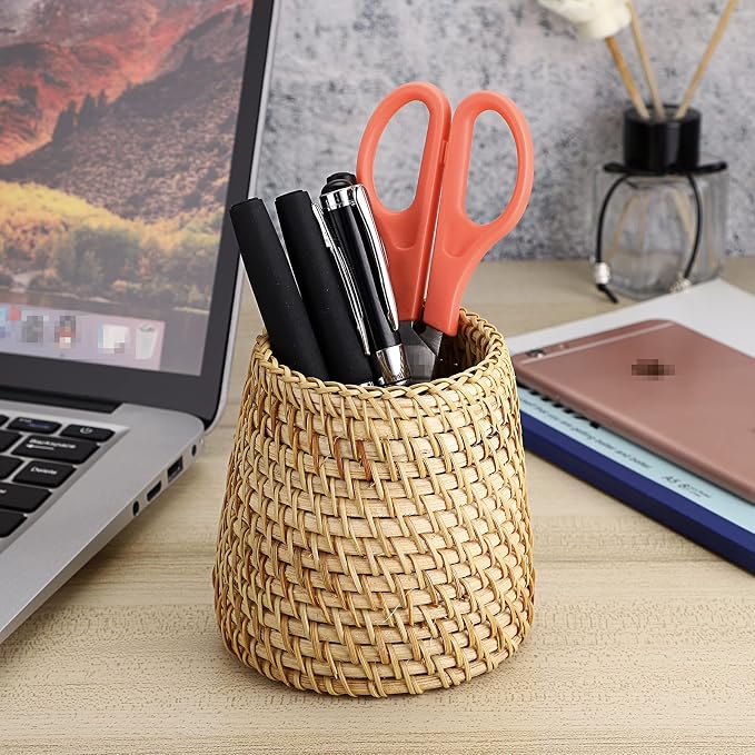BTSKY Rattan Pen Cup, Handmade Desk Pencil Holders Makeup Brush Holder Multi-Functional Woven Basket Office&Home Desktop Organizer(Cone)