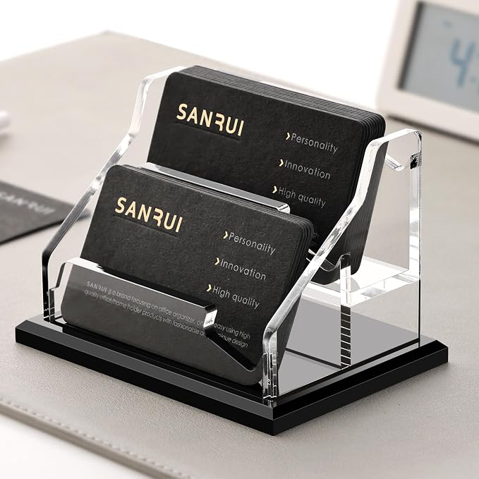 SANRUI Acrylic Business Card Holder, Black Business Cards Display Stand for Desk, Clear Horizontal 2 Slot Desktop Organizer , 120 Card Capacity