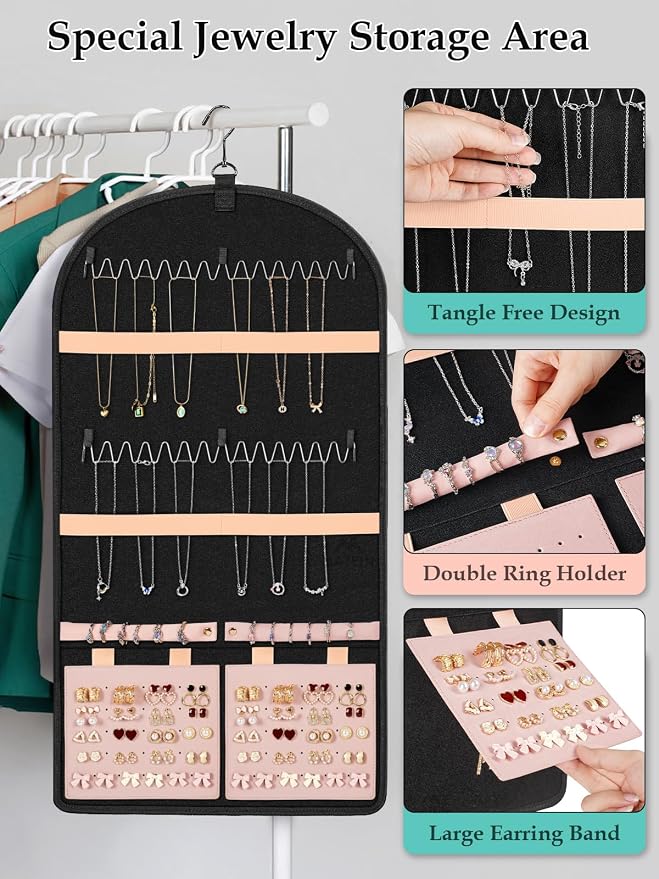 MATEIN Hanging Jewelry Organizer with Removable Zipper Jewelry Pouches | Tangle-Free Necklace Hanger, Metal Hook for Closet, Dual-Sided Design, Earring Storage, Bracelet Ring Holder, Over the Door