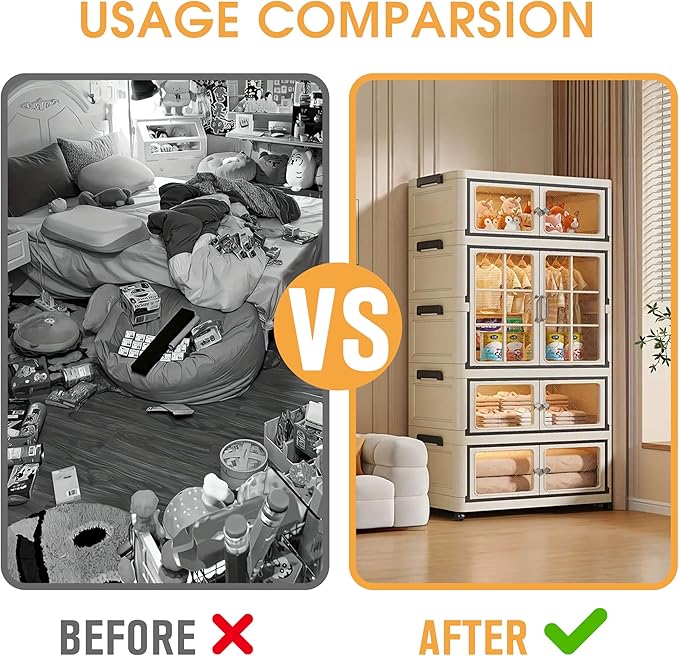 SunSettler Large Collapsible Plastic Storage Bins with Lid, Stackable Cabinets with Wheels, Folding Storage Cabinets, Stackable Closet Organizers for Home and Office(1+2 Transparent Plus)
