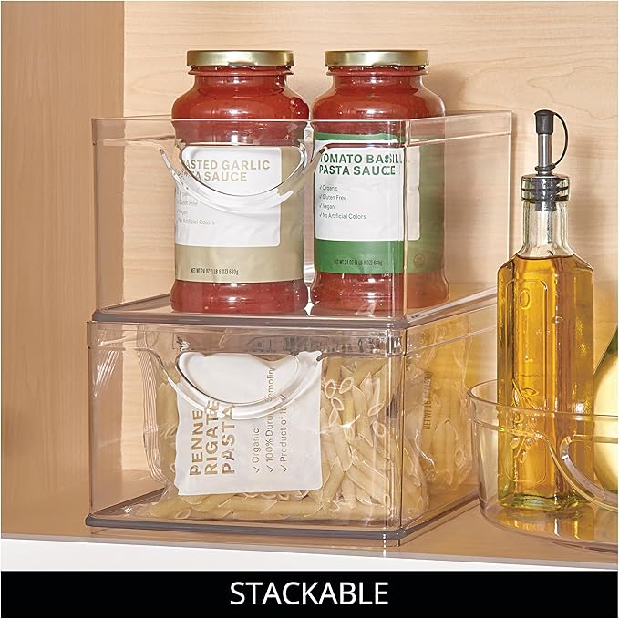 iDesign Plastic Stackable Kitchen Cabinet Storage Bin, Clear | With Handles, Pantry Organizer
