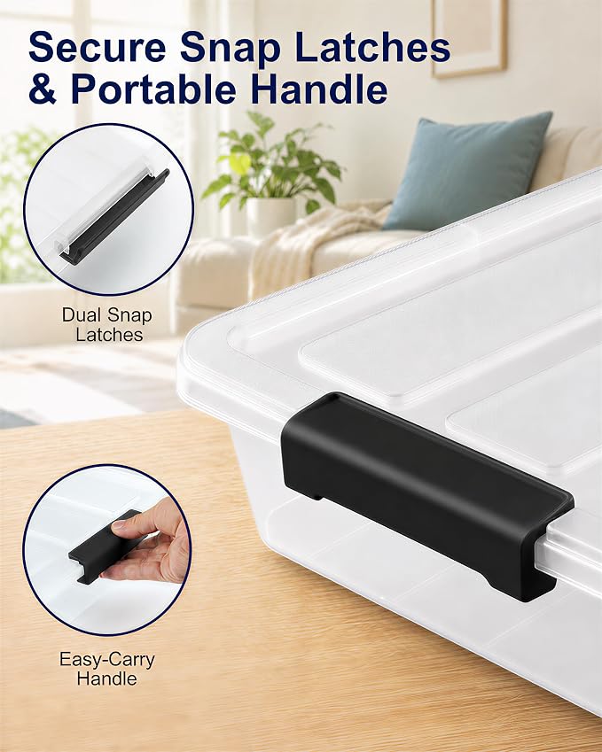 AREYZIN 6 Qt Clear Storage Bins with Lids,Stackable Plastic Storage Containers with Secure Latches,Multi-Purpose Classroom Storage Organizer for Craft Supplies,Paper & Office Stationery,6 Pack,Black