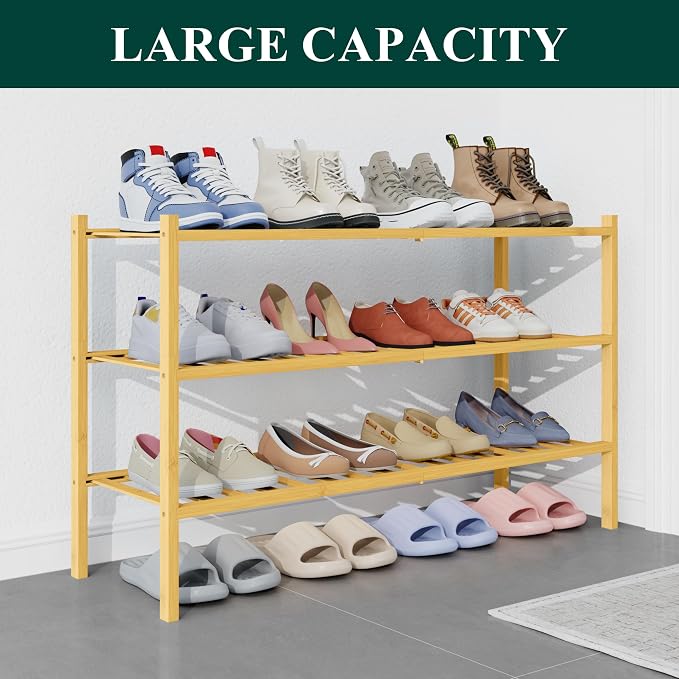 Smiry Bamboo Shoe Rack for Closet, 3 Tier Long Wooden Shoe Organizer, Stackable Wood Shoe Storage Shelf for Entryway, 14 Vertical Slats, One-piece Heavy-Duty Legs, 33.86"x11.02"x18.31", Natural