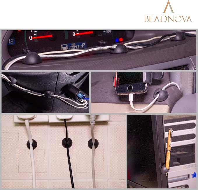 BEADNOVA Cable Clips Cord Organizer Cable Management Wire Cord Holder 2 Slots Adhesive Wire Holder for Car Charging Accessory PC Office Home (Black, 8 pcs)