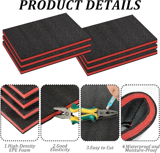 6 Pack Tool Box Foam Inserts for Cases,Tool Box Liner Polyethylene Sheets, Toolbox Kaizen Organizer and Storage Shadow(18 x 12 x 1 Inch,Red, Black)