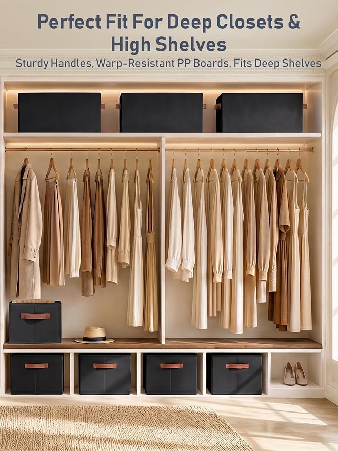 4 Pack Large Closet Storage Baskets Bins for Shelves, Collapsible Fabric Closet Organizers and Storage with Polyester Handles, Decorative Baskets for Organizing Clothes, Towels, Linen Closet 14"x10"