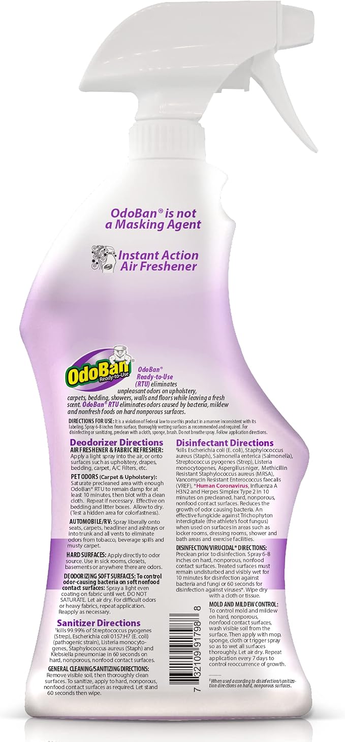 OdoBan Ready-to-Use Disinfectant and Odor Eliminator, Set of 2 Spray Bottles, 32 Ounces Each, Lavender Scent