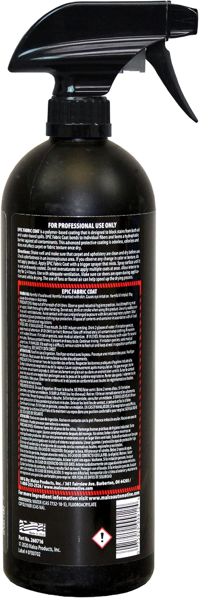 Malco Epic Fabric Coat – Advanced Fabric Protection/Protects Cloth Seats and Carpets/Prevents Interior Staining of Vehicle Surfaces / 16 oz. (260716)