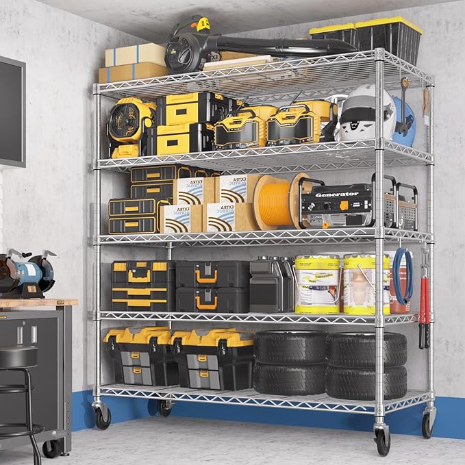 PrimeZone 5 Tier 48" Wx24''Dx81''H Wire Shelving with Wheels 3000lbs NSF Certified Storage Shelves Heavy Duty Metal Shelf Adjustable Rolling Rack Commercial Garage Restaurant Warehouse Chrome 2Pack