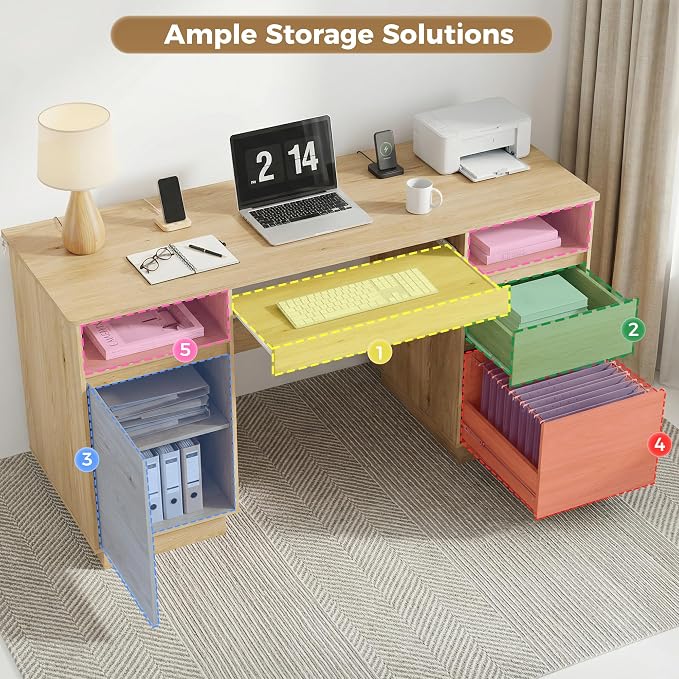 FUNKOCO 58" Modern Executive Desk with Drawers, Office Desk with File Drawer & Open Storage & Power Outlet, Keyboard Tray, Wooden Computer Desk for Home Office & Studio