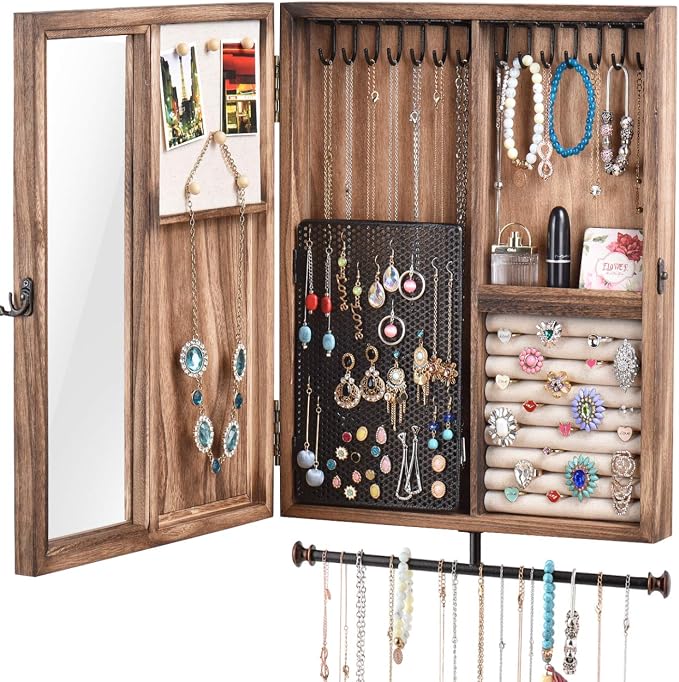 Keebofly Wall Mounted Jewelry Organizer Box Rustic Wood Large Space Jewelry Cabinet Holder Jewelry Storage Box for Necklaces, Earrings, Bracelets, Ring Holder, and Accessories (Carbonized Black)