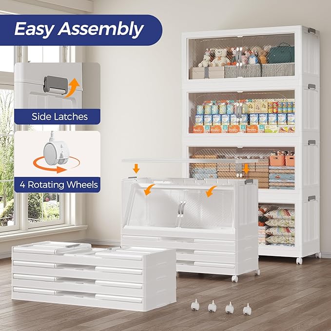 160Gal/640QT 4-Tiers Extra Large Stackable Storage Bins with Lid, Collapsible Cabinet Closet Organizer Plastic Container Box with Wheels Doors Drawers for Living Room Kitchen Office, White