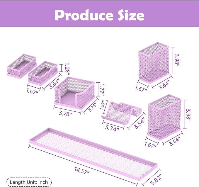 SUPEASY Pen Holder for Desk, 6 Piece Mesh Desk Organizer set for Office Organization with Mail Organizer, Letter Phone Holder, Sticky Notes Caddy Storage, Purple