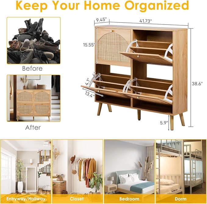 Karl home Natural Rattan Shoe Cabinet with 4 Flip Drawers Entryway Storage | Freestanding Hidden Shoe Organizer Cupboard, Rattan Storage for Entryway, Hallway, Living Room