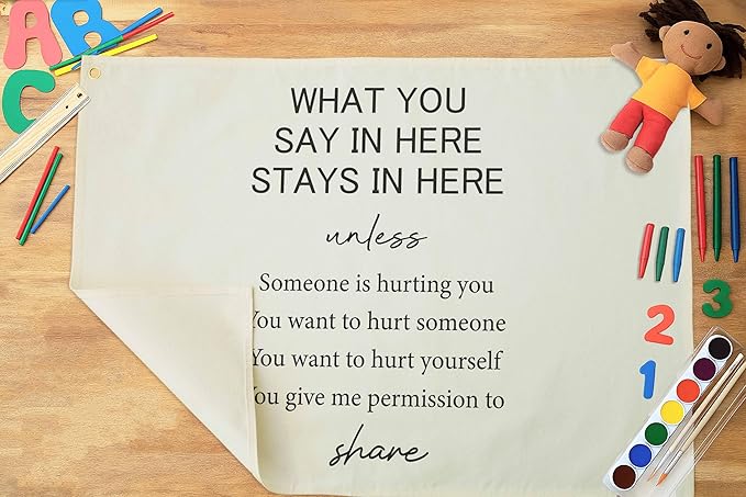 Classroom Wall Banner Decor-Teacher Gift-Inspirational Back to School Wall Art Flag Decor-What You Say In Here Stays In-Hanging Canvas Banner for Classroom Reading Corner Homeschool Teacher Office