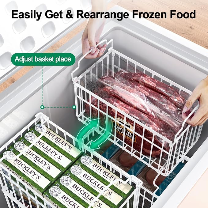 MSERCUOR Freezer Organizer Bins, 2 Pack Stackable Deep Chest Freezer Organizer Bins, Foldable Baskets with Handles, White Storage Container Baskets for 5/ 7 Cu.FT Sort Frezen Meats