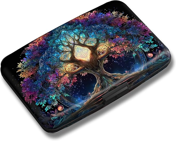 Maicican Credit Card Holder, Mini RFID Blocking Aluminum Wallet | Slim Metal Hard Case Travel Wallet ID Case for Women and Men, 4.3 x 2.9 Inches, Colorful Tree