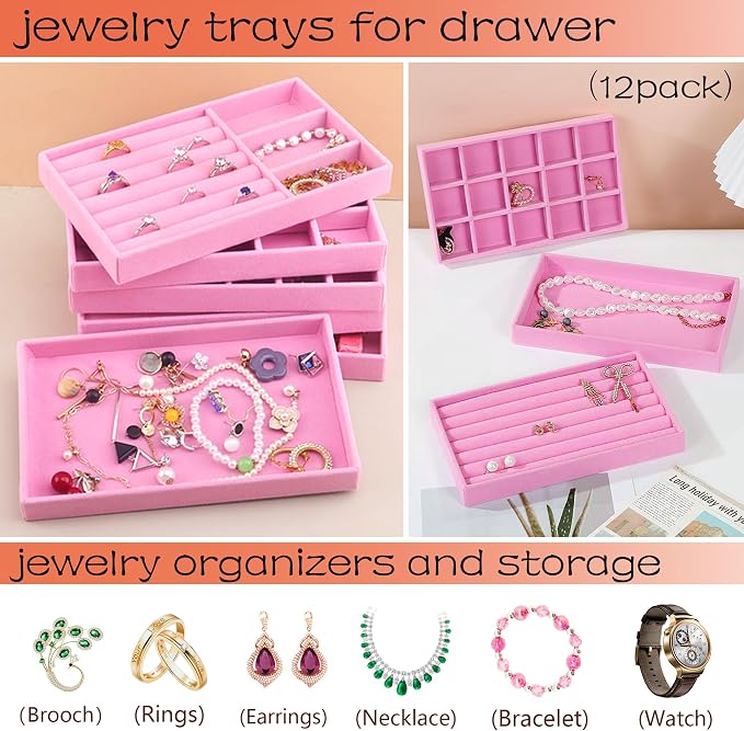 12 PCS Jewelry Trays Earriing Organizer Velvet Jewellry Drawer Box Stackable Jewelryy Dispaly Case for Rings Holder Necklace Bracelet Watch