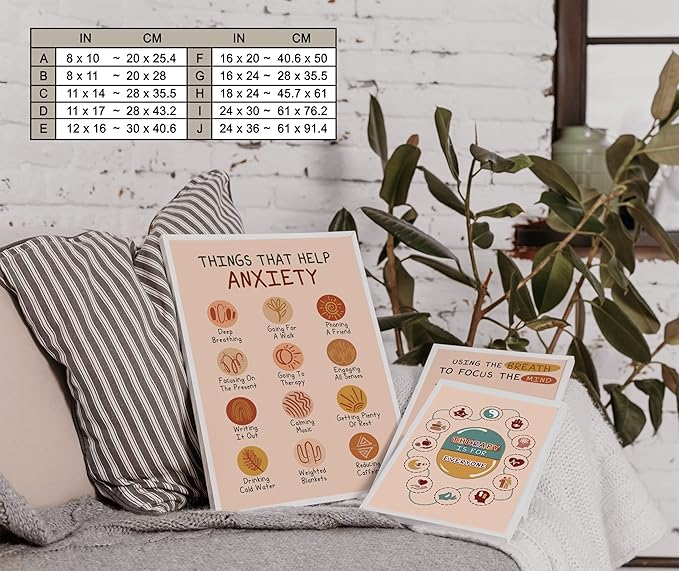 LOLUIS Mental Health Poster, Boho Therapy Tools Educational Supplies Art Print Classroom School Office Decor (Help Anxiety, Custom Frame Type)