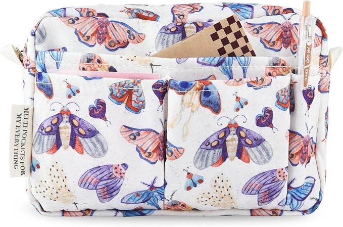 Portfolio Organizer with Multiple Pockets, Waterproof Travel Zippered Toiletry Bag, Portable Storage Pencil Pouch for Notebooks, Stationeries, Make-up, Journal Office Art Supplies.White Moth