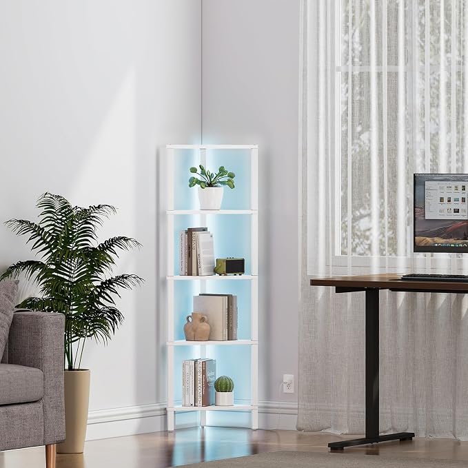 TUTOTAK Corner Shelf with LED Light, 5-Tier Corner Bookshelf for Small Space, Narrow Display Corner Shelf Stand with Storage Rack, for Living Room, Bedroom, White BS05BW005L
