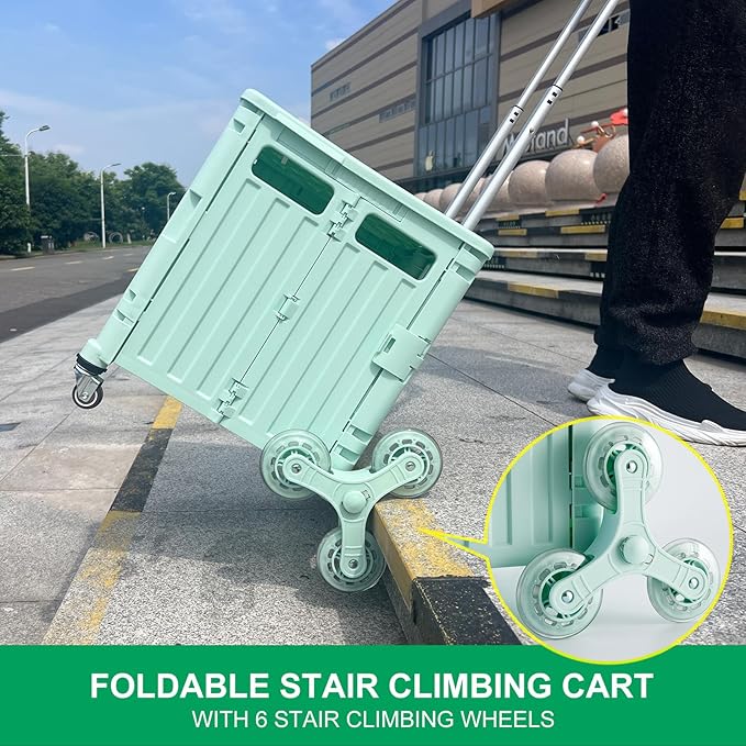 MACOPRO Foldable Utility Cart with Stair Climbing Wheels, Collapsible Rolling Crate with Telescoping Handle, Shopping Trolle Handcart Grocery Book File Tool Art Supplies Teacher Storage Basket(Green)