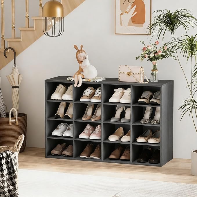 Garden 4 you Shoe Storage Bench, Cubby Shoe Rack with 16 Cubbies, 4-Tier Wood Shoe Rack Organizer, Shoe Organizer Cabinet for Entryway, Hallway, Closet and Garage, Black