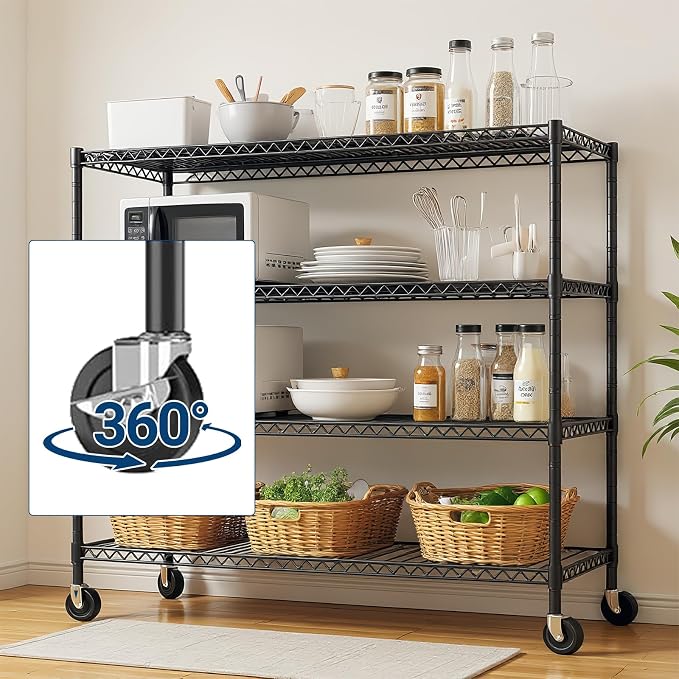 4-Tier Heavy Duty Wire Garage Shelving with Wheels, 2200 LBS Capacity, 24" D x 56" W x 75" H, Adjustable Spray-Coated Iron Metal Storage Rack for Warehouse, Kitchen, Pantry, Utility Room - Black
