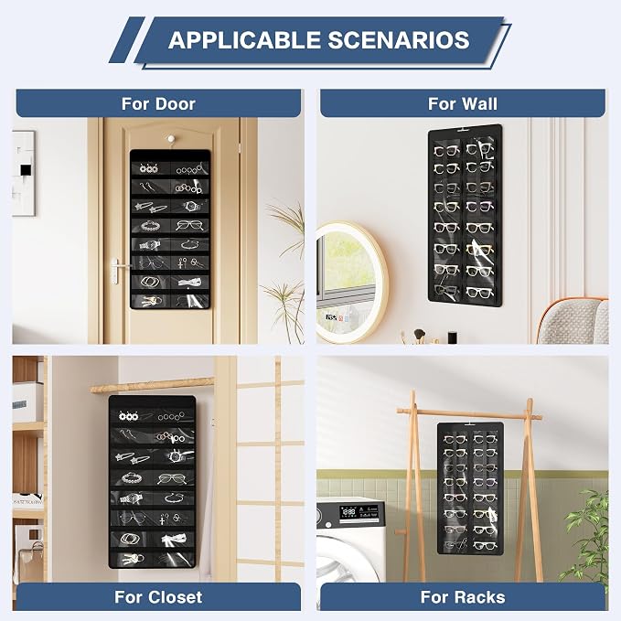 Hanging Sunglasses Organizer and Storage, 32 Slots Jewelry Holder, Black | Protect eyewear from dust with double-sided clear compartments; roof design hangs on wall, door or closet for home/RV travel.