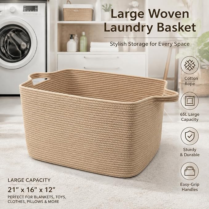 65L Collapsible Woven Rope Laundry Basket with Handles,Jute | 21x16x12 Foldable Rectangular Blanket Basket for Toys, Clothes & Pillows,Ideal for Nursery, Bathroom, Bedroom, Living Room
