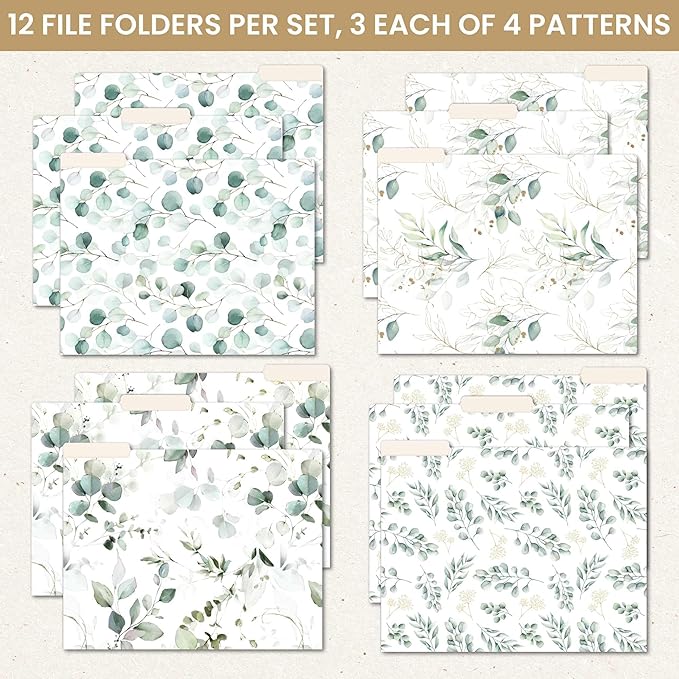 Bloom Daily Planners Decorative File Folders - Set of Twelve Letter Size (8.5” x 11”) Organizers, 1/3 Cut Tabs - Assorted Designs - Eucalyptus, 12-Pack