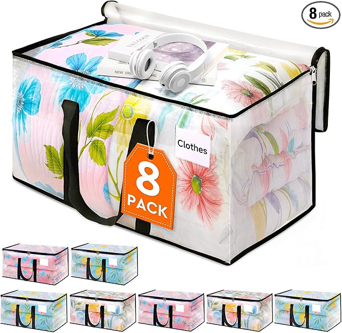 HomeHacks Clear Moving Bags Heavy Duty 8 Pack, Storage Bags with Zipper, Extra Thick Handles & Waterproof Packing Boxes for Moving, Camping, Home Organization 76L/20Gal (28.7"x11.8"x13.8")