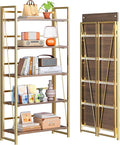 4NM No Assembly Folding Bookshelf, 5-Shelf 62.2" H Collapsible Foldable Bookcase Storage for Small Spaces, Brown and Golden