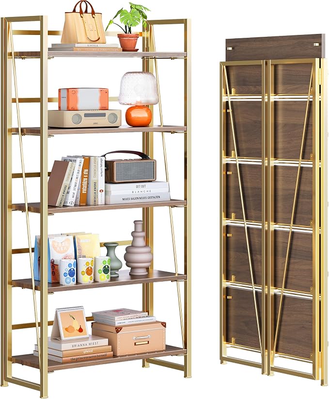 4NM No Assembly Folding Bookshelf, 5-Shelf 62.2" H Collapsible Foldable Bookcase Storage for Small Spaces, Brown and Golden