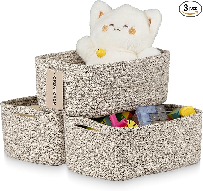 Small Baskets for Organizing, Small Woven Storage Baskets for Shelves, 3 Pack Basket for Nursery, Bathroom and Living room, 11x7.5x4.5 in, Mixed Brown