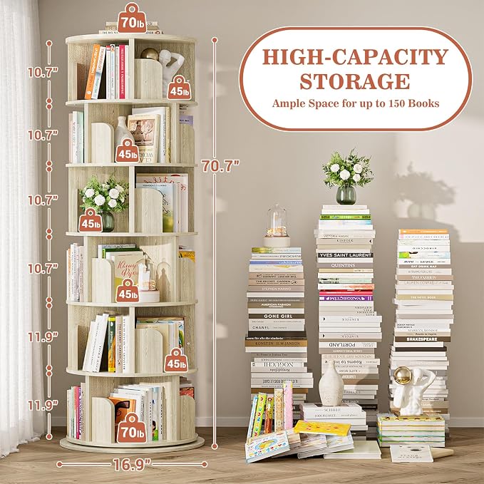 Aheaplus 6 Tier Rotating Bookshelf, Wood Spinning Bookshelf Tower, Round Revolving 360 Bookcase, Narrow Turning Book Shelf Rolling Corner Organizer for Small Space, Bedroom, Office, White Oak