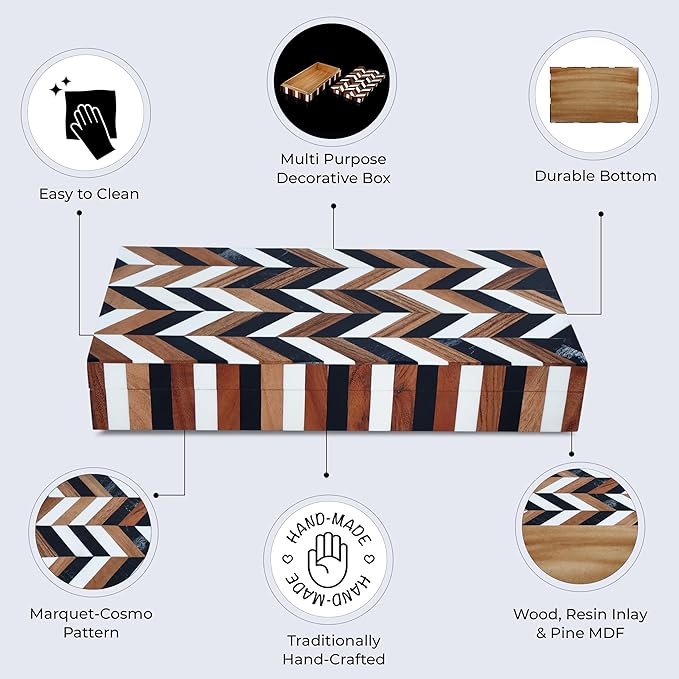 Handicrafts Home Large Decorative Storage Box with Lid Wooden Decorative Box Large Storage Box for Living Room, Mental Decor– Natural Wood Resin Inlay Marquet Cosmo Collection- 12x6x2