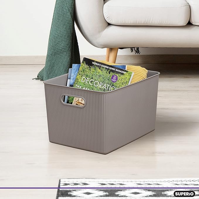 Superio Ribbed Collection - Decorative Plastic Basket Open Home Storage Bins Organizer, X-Large Taupe (1 Pack) Container Boxes for Organizing Closet Storage Bins for Shelves 22 Liter/23 Quart