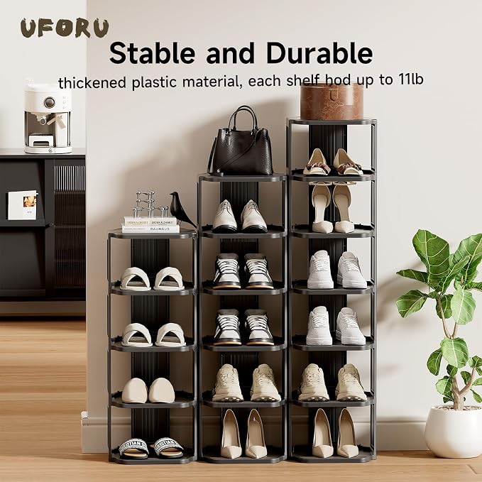 UFORU Small Shoe Rack, 7 Tier Plastic Vertical Shoe Rack for Small and Narrow Spaces, Free Standing Shoe Organizer for Closet, Entryway (Black)