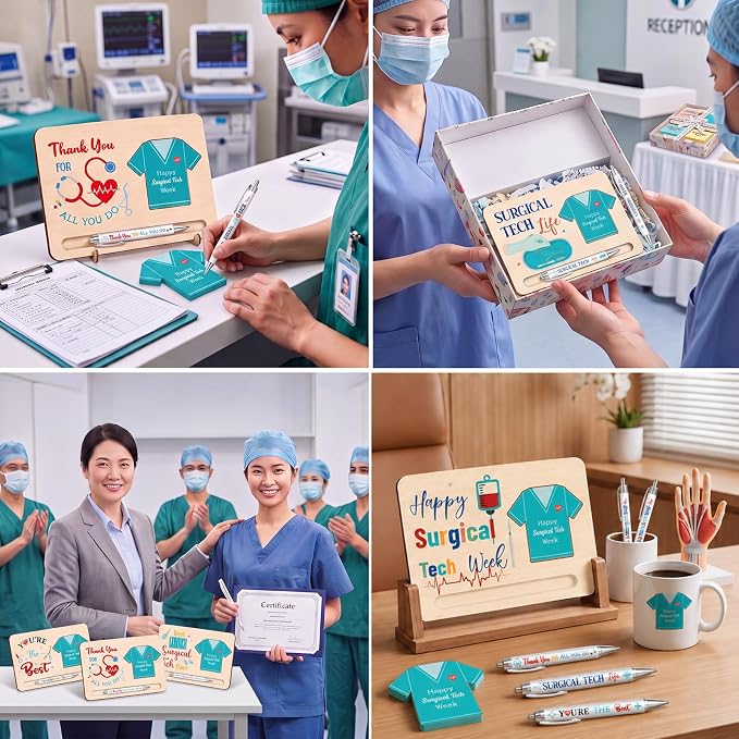 Kosiz 10 Set Happy Surgical Tech Week Gifts Bulk Wooden Inspirational Sticky Note Holder Set for Surgical Technologist Thank You Appreciation Gifts for Technology Staff Doctors Nurses Students