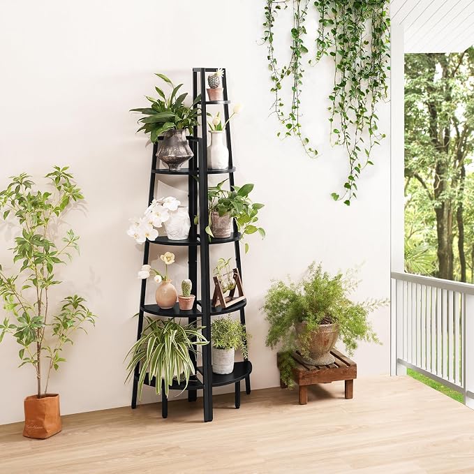 Yoobure 4‑Tier Corner Shelf – Sturdy Metal Frame & Wood Ladder Bookshelf, Space‑Saving Display Shelves for Plants & Books, Easy Assembly, for Bedroom, Living Room, Office, Balcony