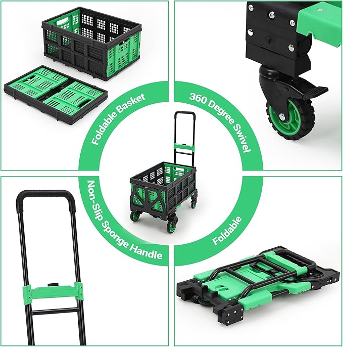 Versatile 2-in-1 Folding Hand Truck Dolly – Collapsible Basket, Retractable Handle, 4 Wheels – Heavy Duty Moving and Shopping Platform, 330 Lb Capacity, Foldable and Compact for Easy Storage