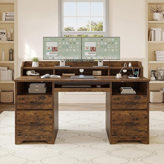 Bestier 59" Executive Desk with Charging Station & Monitor Stand, Brown | Farmhouse Wood Computer Desk with Drawers, Home Office Desk with Keyboard Tray, Sturdy Pedestal Desk for Work Study