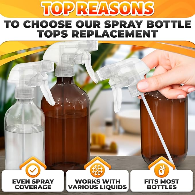 ALPENKOK 6 Pack Spray Nozzle for Bottles, Trim-To-Fit Tube; Plastic (Clear) | Spray Bottle Nozzle Replacement; Fits 8 and 16 Oz; Trigger Sprayer with Mist, Stream & Off Modes; for Cleaning and Garden