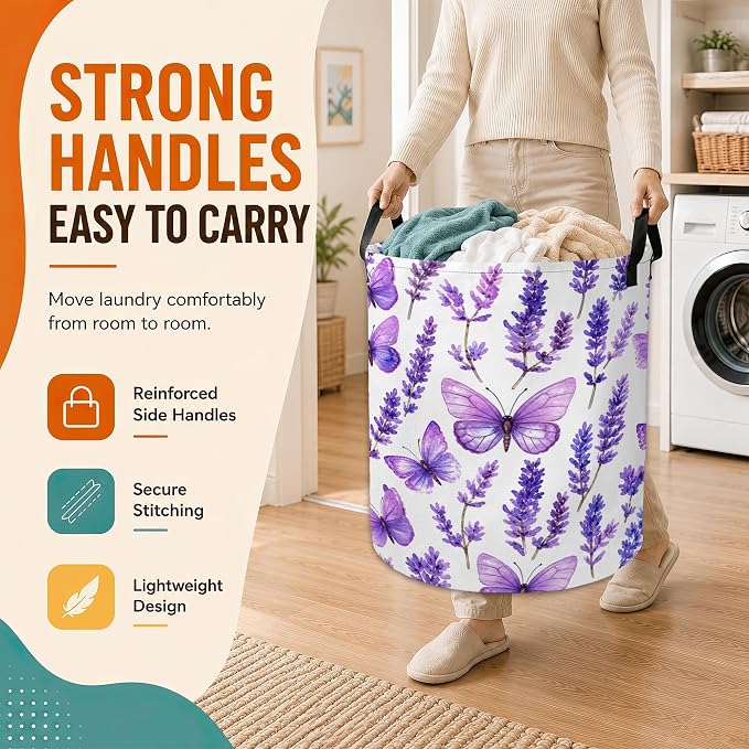 Lavender Laundry Basket with Handles,Purple Butterfly Foldable Oxford Laundry Hamper,Collapsible Clothes Storage Basket for Laundry Room/Bathroom/Bedroom/Dormitories 20.8 x 16 Inches