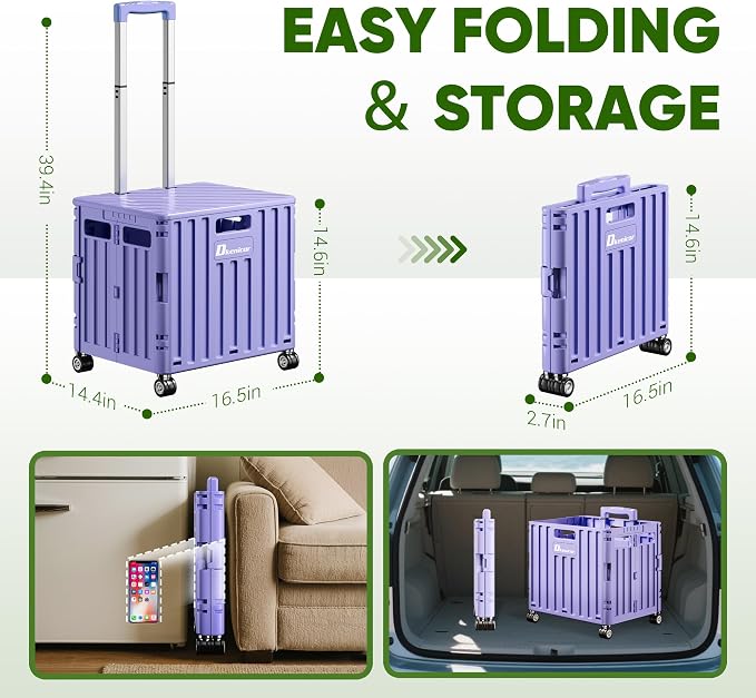 Folding Utility Cart, Portable Rolling Crate Handcart Collapsible Shopping Trolley with Lid, Foldable Tool Box Basket with 4 Rotate Wheels for Grocery, Office, Luggage, School - Purple