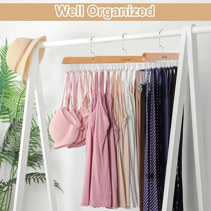 TOPIA HANGER Bra Hanger for Closet, Tank Top Hangers Space Saving Natural | 20 Foldable Hooks, 360°Rotating Hooks, Easy to Install, Durable Solid Wood, Space Saving Storage for Bras, Tank Tops, Belts