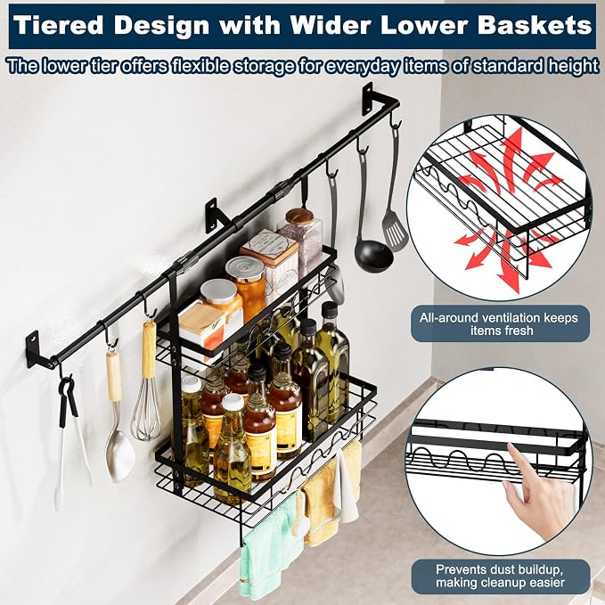 Upgraded adjustable Spice Rack Wall Mount, 6 pack kitchen hooks,heavy-duty kitchen wall shelf, suitable for use as an over-the-stove shelf, coffee shelf, or shower wall caddy.