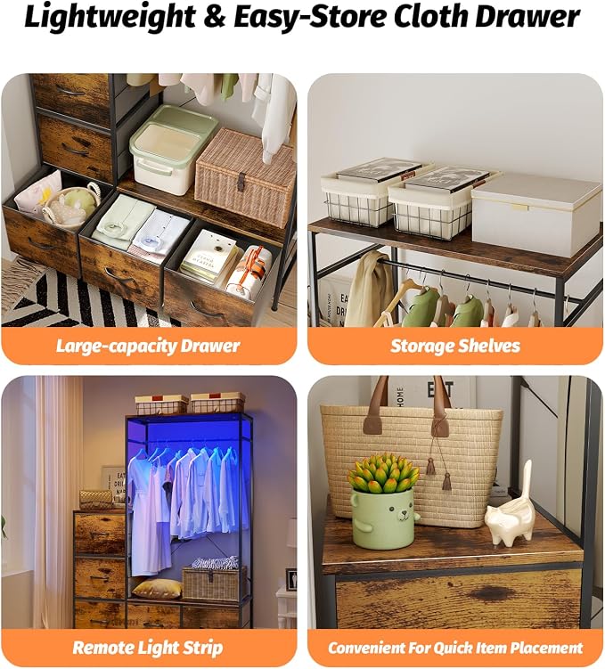 Clothing Rack with Fabric Drawers & LED Lights, 39.4W*57H Dresser with Hanging Rack, Free Standing Wardrobe Closet with Shelves, Closet Organizer with Drawers for Bedroom, Small Space, Apartment