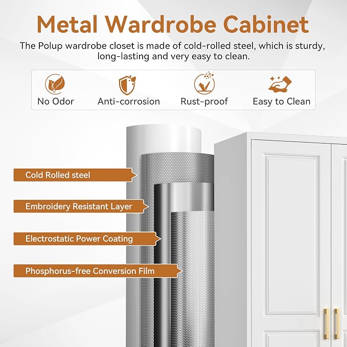 Polup Metal Armoire Wardrobe Closet with Doors and Shelves, 71" Tall Freestanding Wardrobe Cabinet for Hanging Clothes, Large Closet with Hanging Rod for Bedroom, Office, School, Employee, Gym, White